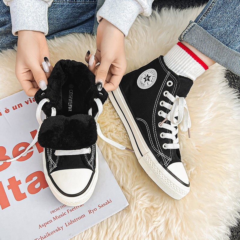 2022 Winter Velvet Canvas Shoes Warm Thickened Ladies Casual Cotton Sneakers Black 