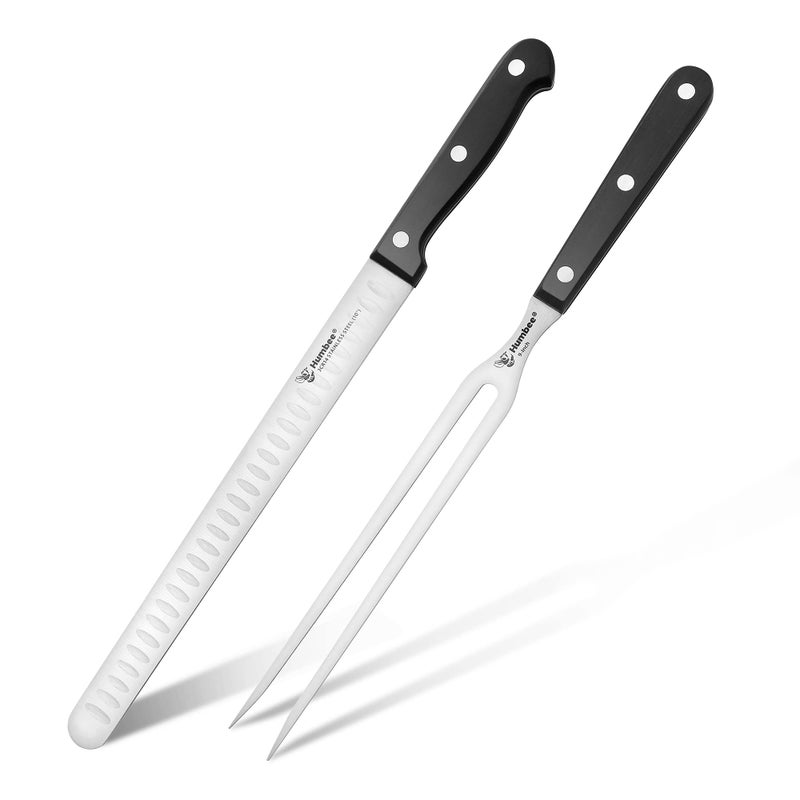 Humbee Carving Knife and Fork Set 10 inch Granton Blade with 9 Inch Fork for Cutting Smoked Brisket BBQ Meat Turkey