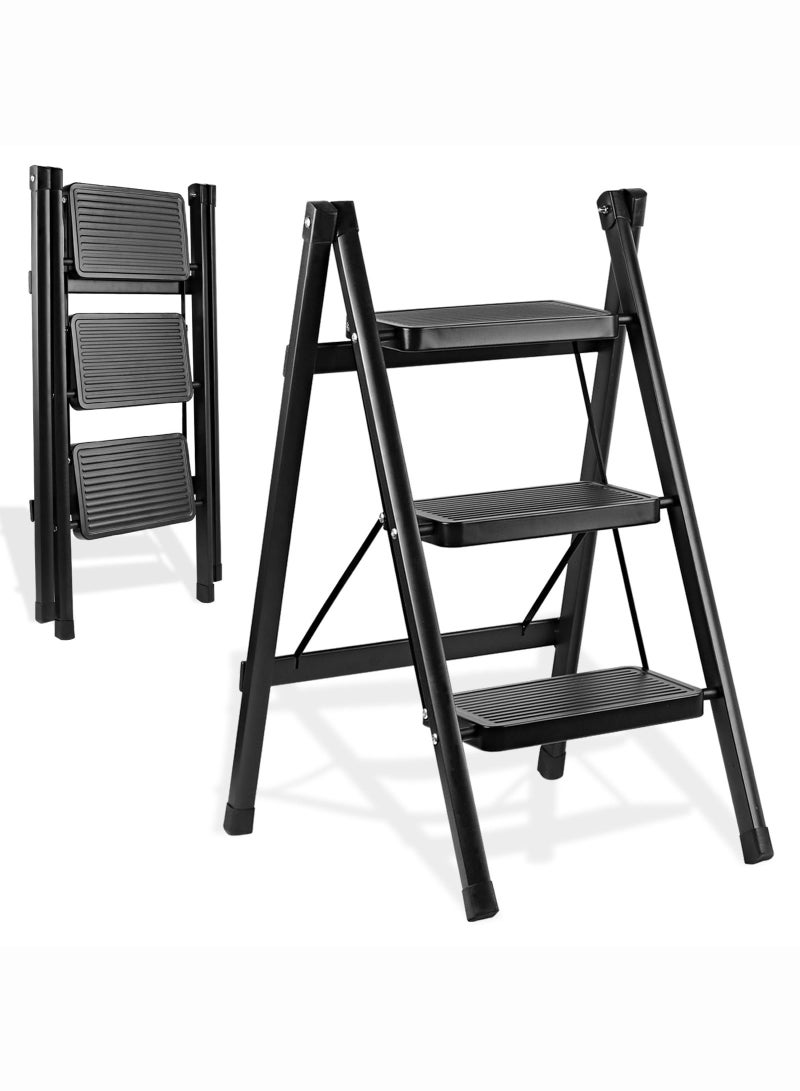 Monda Step Ladder 3 Step Folding, Sturdy 150kg Small Step Stool for Adults, Safer Full Steel Multi-use Kitchen Ladder for Home, Closet Step Stool Ladder with Anti-Slip Wide Pedals, Black - Image 1