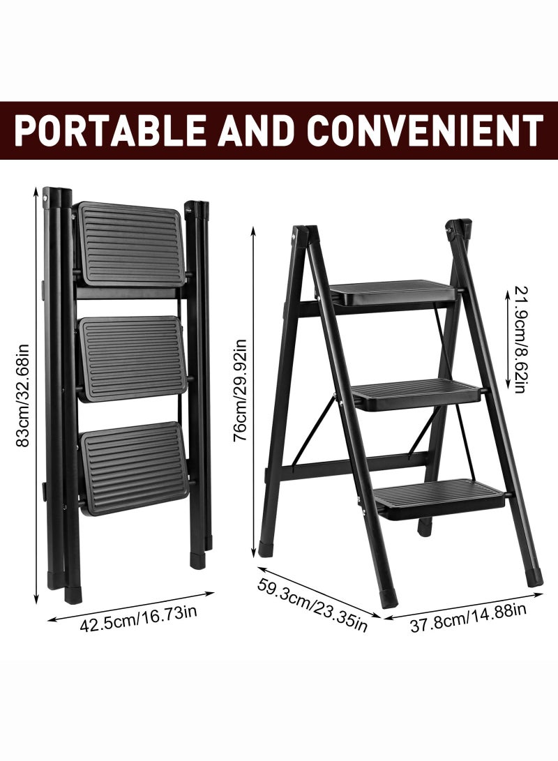 Monda Step Ladder 3 Step Folding, Sturdy 150kg Small Step Stool for Adults, Safer Full Steel Multi-use Kitchen Ladder for Home, Closet Step Stool Ladder with Anti-Slip Wide Pedals, Black - Image 2
