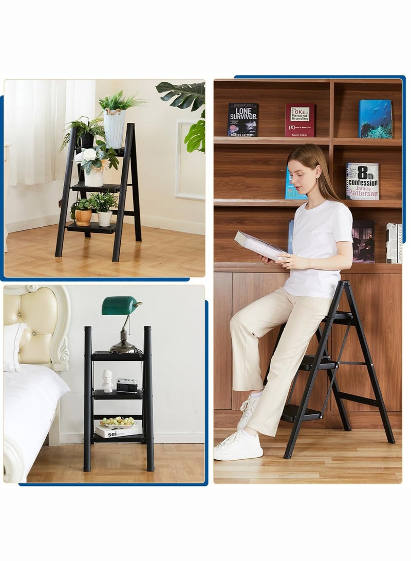 Monda Step Ladder 3 Step Folding, Sturdy 150kg Small Step Stool for Adults, Safer Full Steel Multi-use Kitchen Ladder for Home, Closet Step Stool Ladder with Anti-Slip Wide Pedals, Black - Image 5