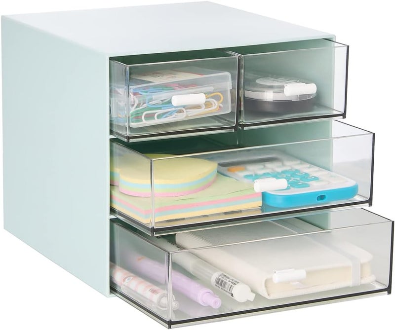 LETURE Desk Organizer with 4 Drawers, Clear Plastic Desk Storage Box, Desktop Organization for Office Supplies, Gel Pens, Pencils, Markers, Tape, Erasers, Paperclips, Chargers (Blue) - Image 4