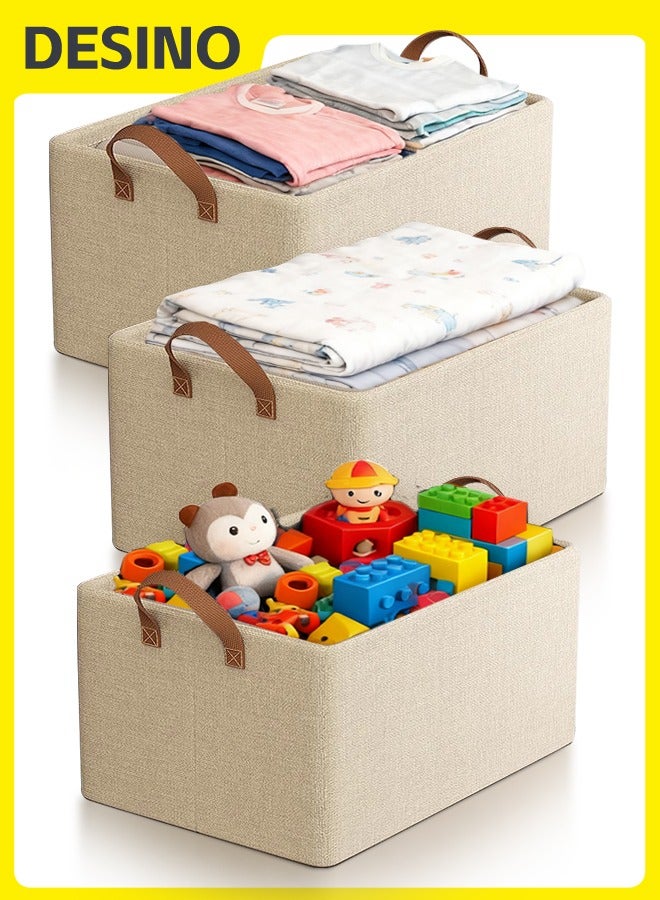 DESINO 3-Pack Foldable Fabric Storage Baskets with Handles, 26L Open-Top Organizer Bins for Clothes, Toys, Towels, Wardrobe and Shelves, Khaki, 40 × 27 × 21 cm - Image 1