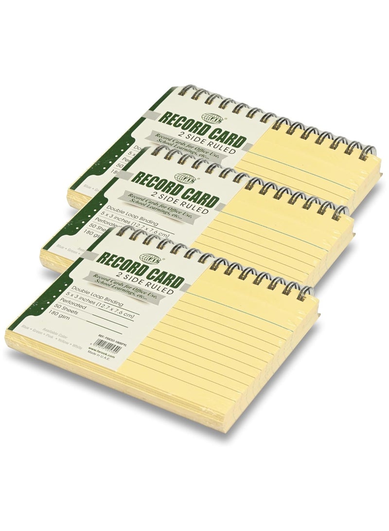 FIS® Ruled Record Cards, Size:5"x3" Inches (127x76mm), Double Loop Spiral Binding, Two Sides Single Ruled, 180gsm, Perforated, 50 Sheets Per Pad, Packet of 3 Pieces, Yellow Color-FSIC53-180SPYL-3 - Image 1
