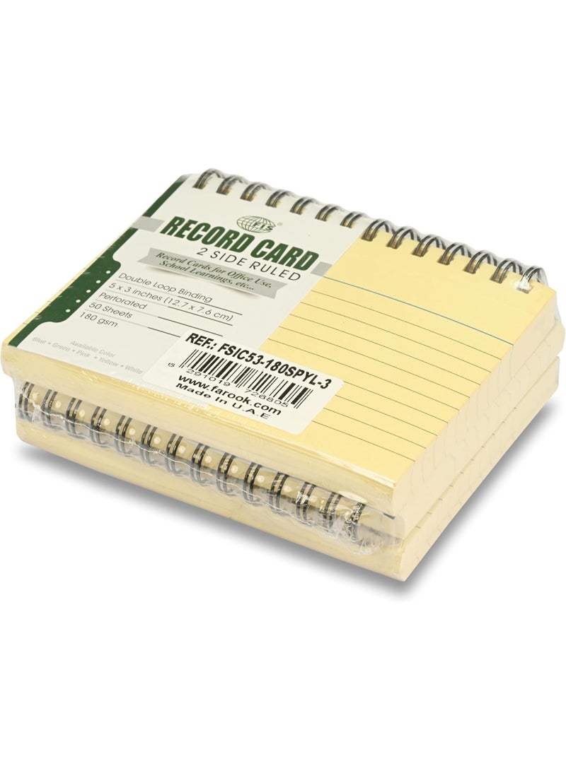 FIS® Ruled Record Cards, Size:5"x3" Inches (127x76mm), Double Loop Spiral Binding, Two Sides Single Ruled, 180gsm, Perforated, 50 Sheets Per Pad, Packet of 3 Pieces, Yellow Color-FSIC53-180SPYL-3 - Image 2