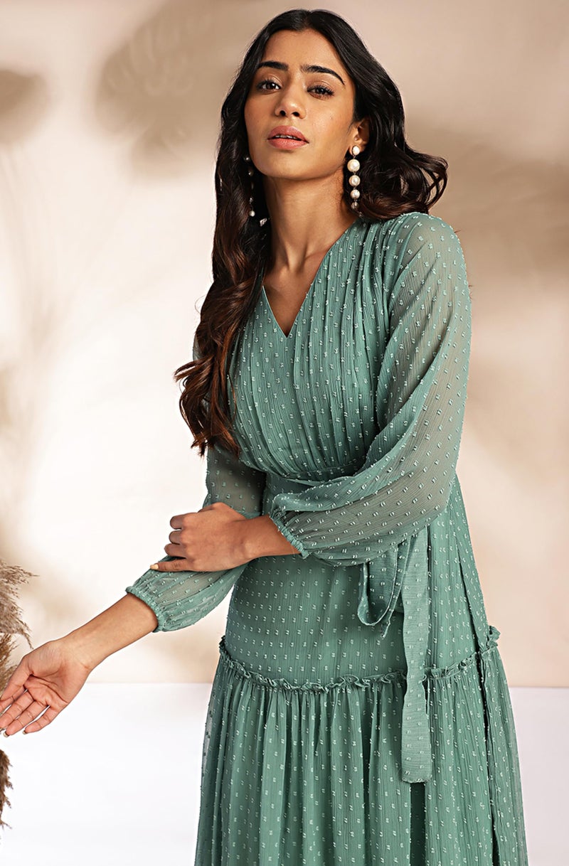 Janasya Women's Sage Dobby Chiffon Solid Tiered Dress(JNE4379-DR-L) - Image 3