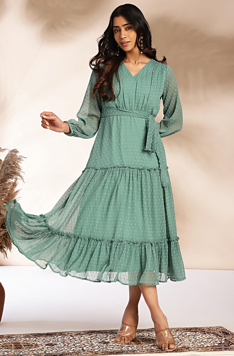 Janasya Women's Sage Dobby Chiffon Solid Tiered Dress(JNE4379-DR-L) - Image 2
