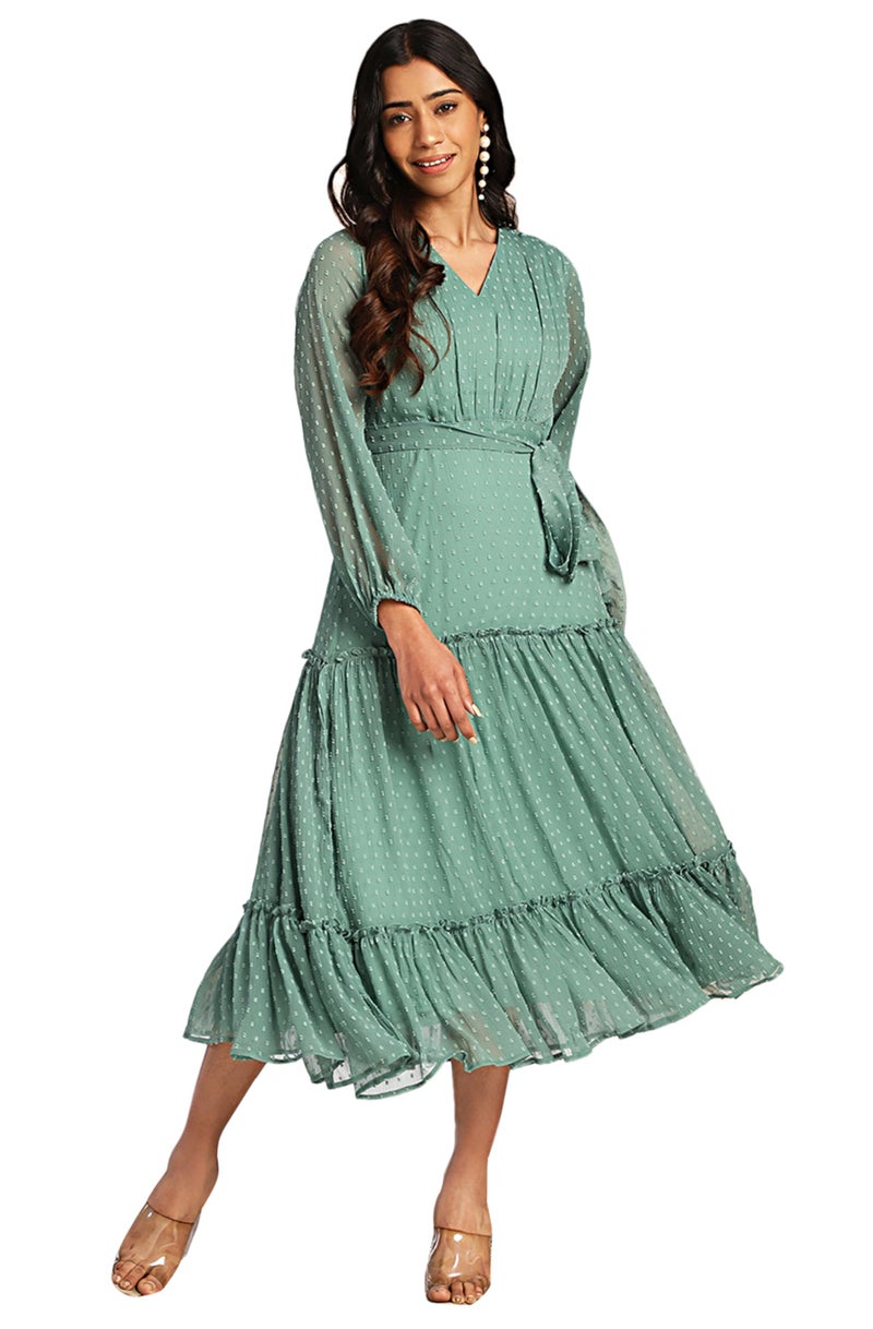 Janasya Women's Sage Dobby Chiffon Solid Tiered Dress(JNE4379-DR-L) - Image 1