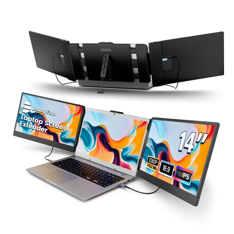 domyfan 14 Laptop Screen Extender FHD 1080P IPS Triple Portable Monitor for Laptop HDMIUSBATypeC for Windows Mac Android Chrome Switch PS5 Work with 13317 Laptops