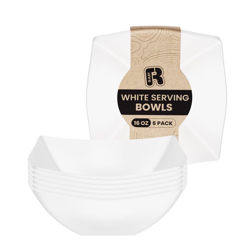 R-kay 6 Pack Square Plastic Serving Bowls - White Plastic bowls 16 Oz - Premium White Bowls Disposable Heavy Duty For Weddings Catering And Birthday parties - Image 1