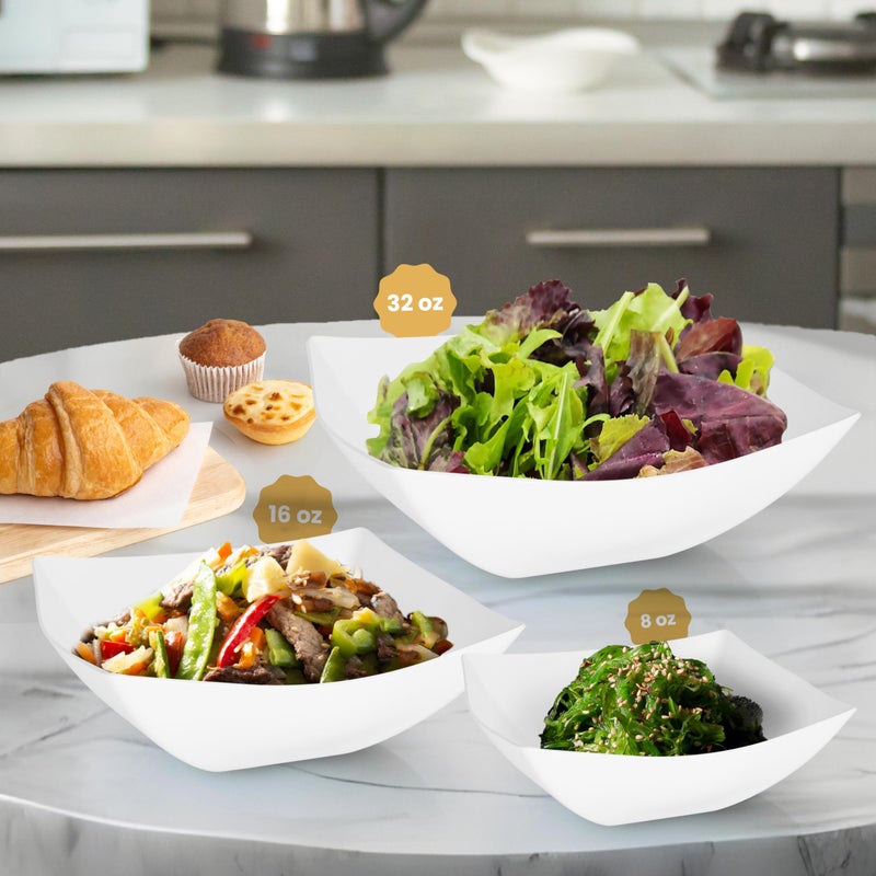 R-kay 6 Pack Square Plastic Serving Bowls - White Plastic bowls 16 Oz - Premium White Bowls Disposable Heavy Duty For Weddings Catering And Birthday parties - Image 4