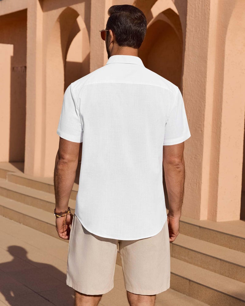 Lusead Linen Shirts for Men Short Sleeve Button Down Casual Cotton Shirt Beach Summer Collared Top with Pocket White Large - Image 5