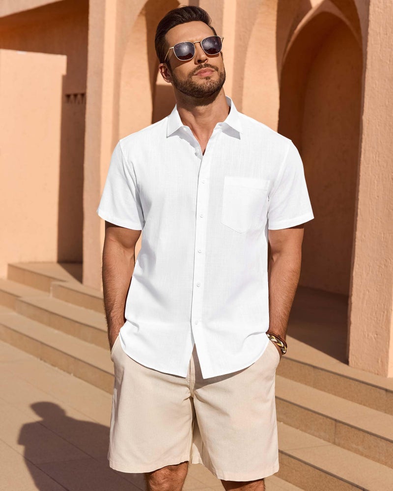 Lusead Linen Shirts for Men Short Sleeve Button Down Casual Cotton Shirt Beach Summer Collared Top with Pocket White Large - Image 3