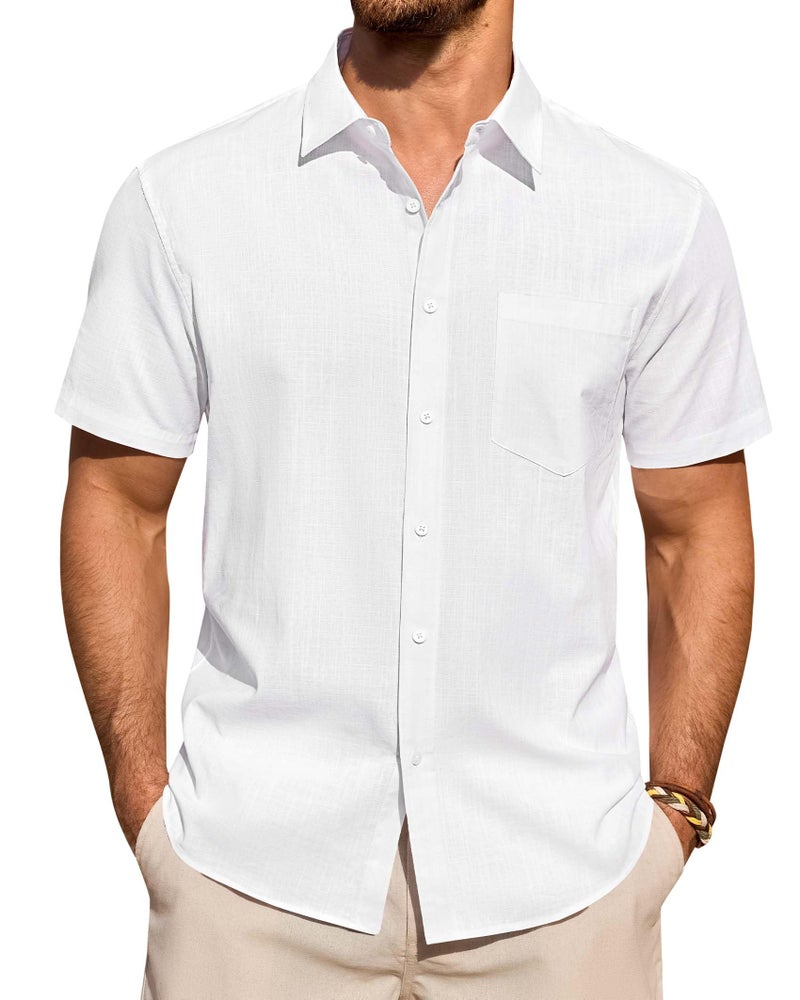 Lusead Linen Shirts for Men Short Sleeve Button Down Casual Cotton Shirt Beach Summer Collared Top with Pocket White Large - Image 1