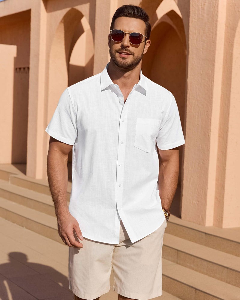 Lusead Linen Shirts for Men Short Sleeve Button Down Casual Cotton Shirt Beach Summer Collared Top with Pocket White Large - Image 4