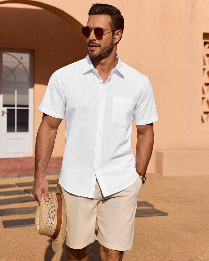 Lusead Linen Shirts for Men Short Sleeve Button Down Casual Cotton Shirt Beach Summer Collared Top with Pocket White Large - Image 2