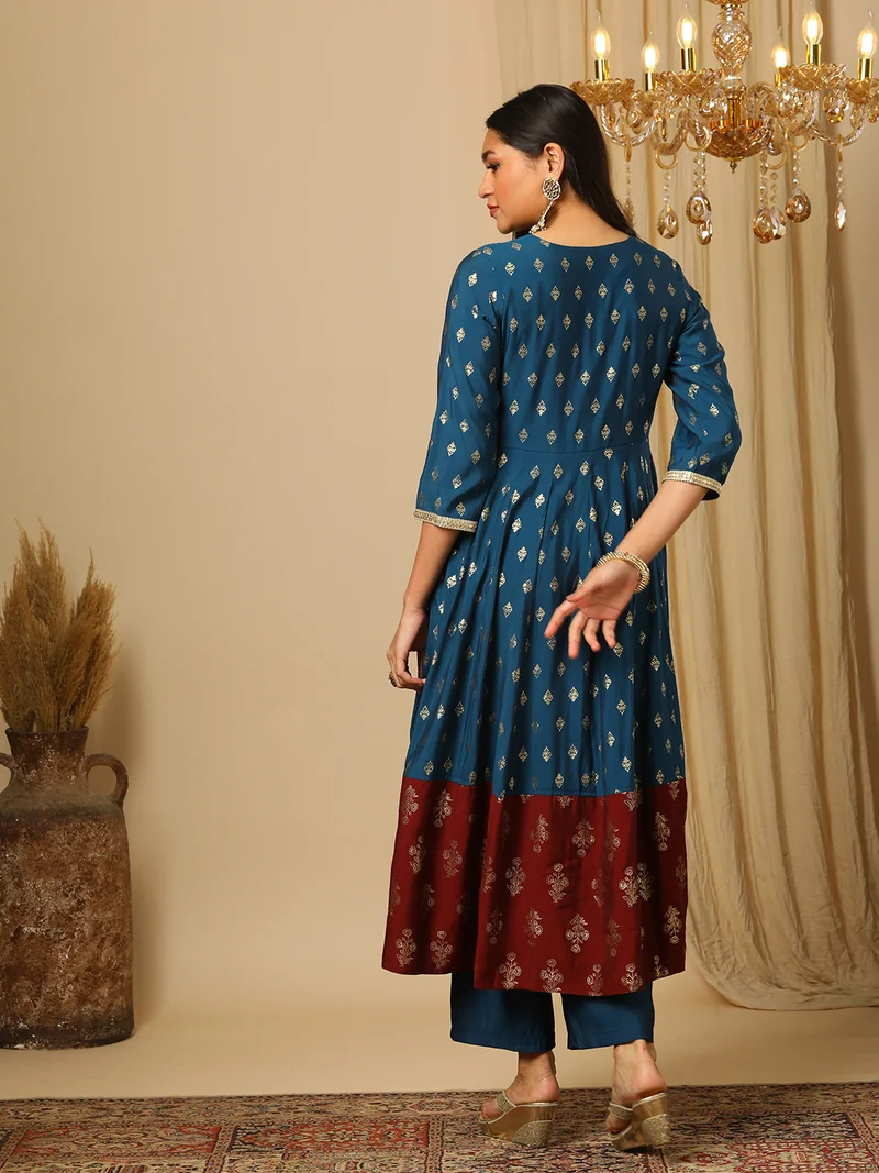 globus Women Ethnic Motifs Printed Panelled Thread Work Kurta With Trousers