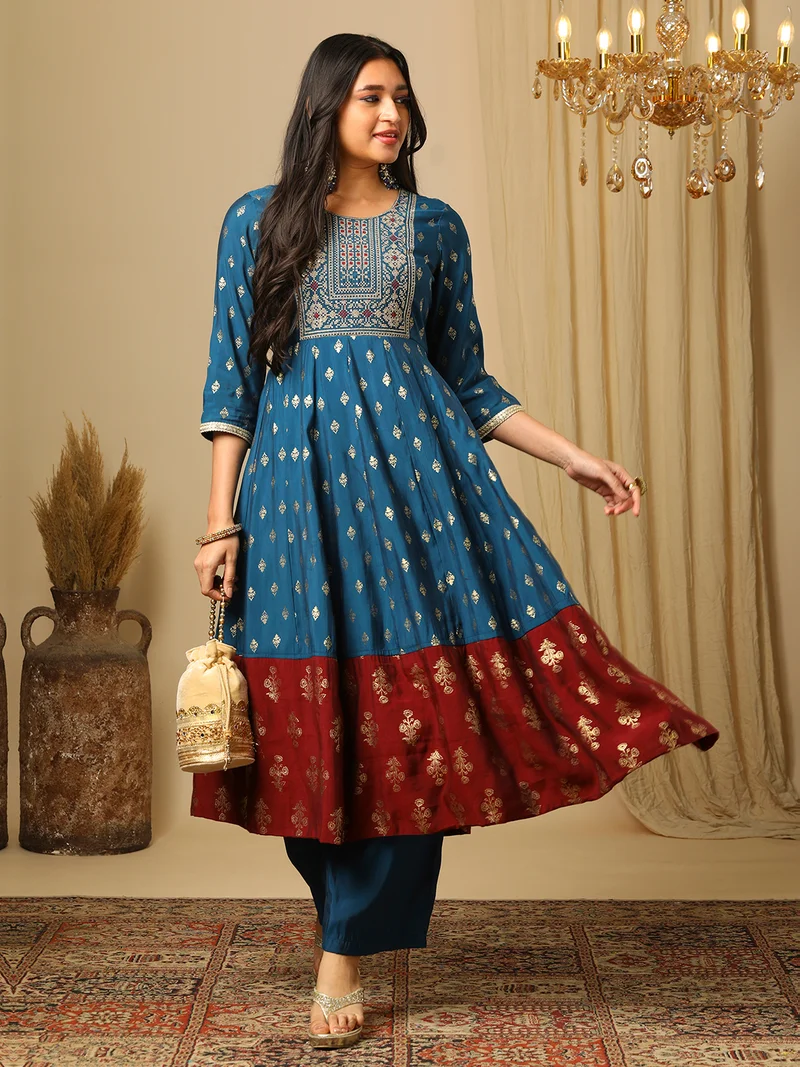 globus Women Ethnic Motifs Printed Panelled Thread Work Kurta With Trousers