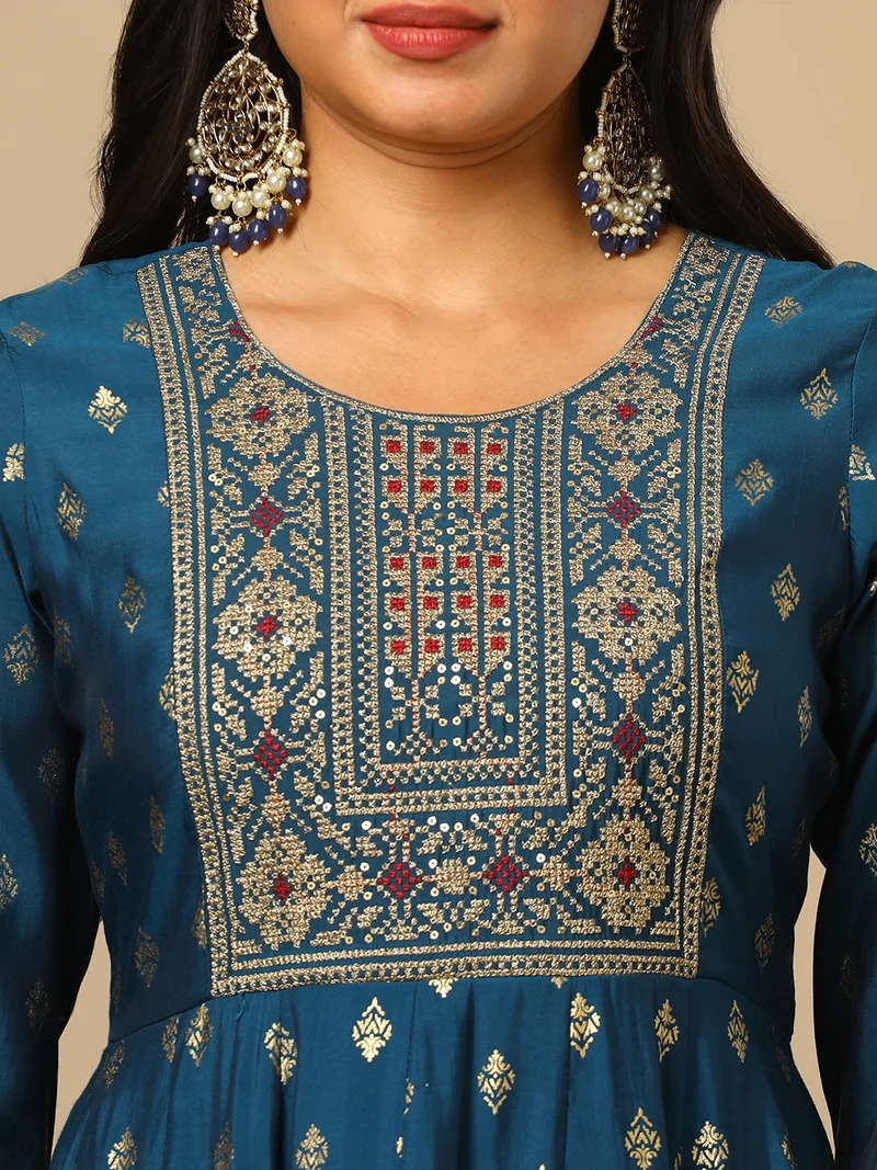 globus Women Ethnic Motifs Printed Panelled Thread Work Kurta With Trousers