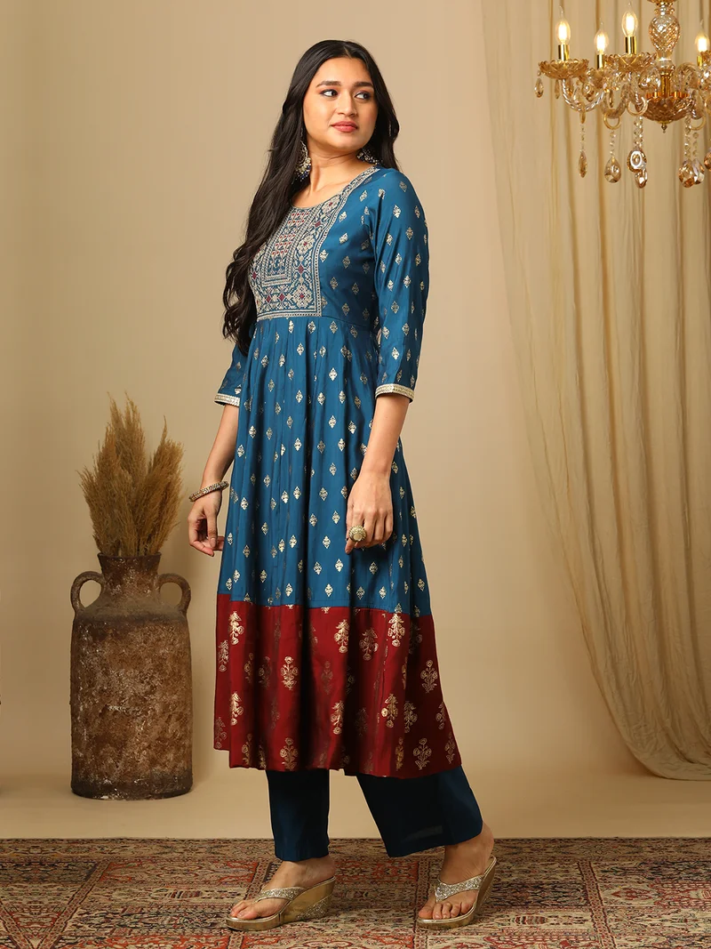 globus Women Ethnic Motifs Printed Panelled Thread Work Kurta With Trousers