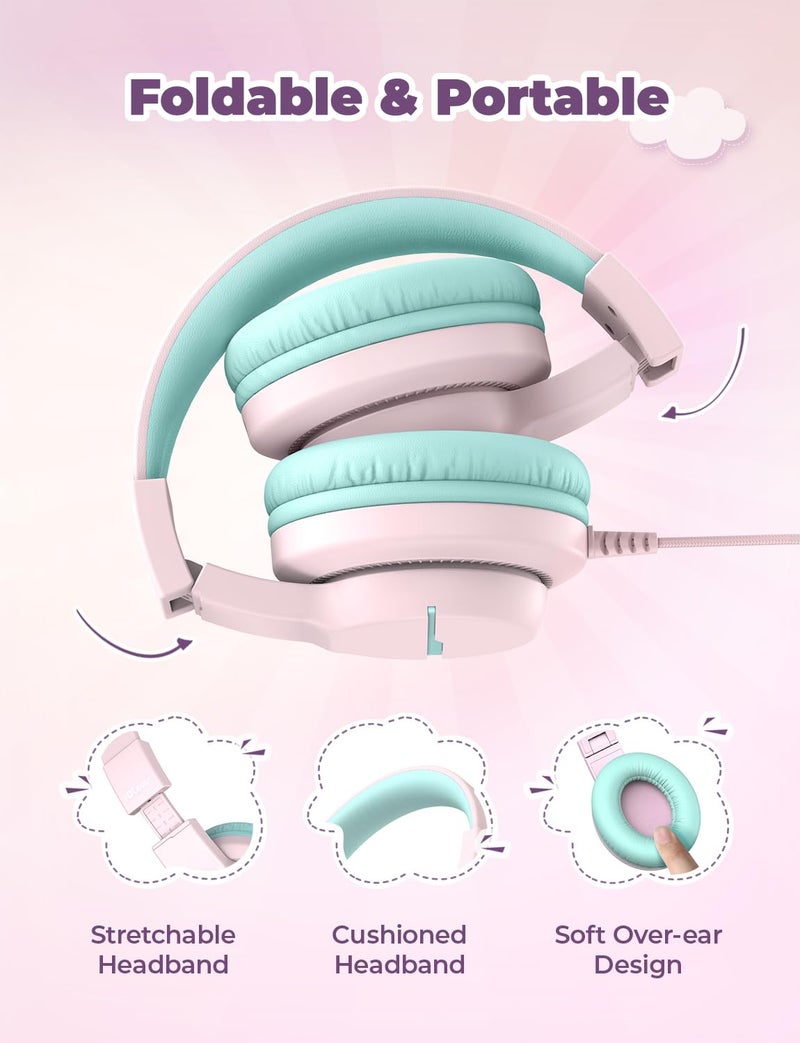 iClever HS19 Kids Headphones with Microphone for School, Safe Volume Limited, Over-Ear Girls Boys Headphones for Kids with Shareport, Foldable Wired for iPad/Travel (Pink) - Image 5