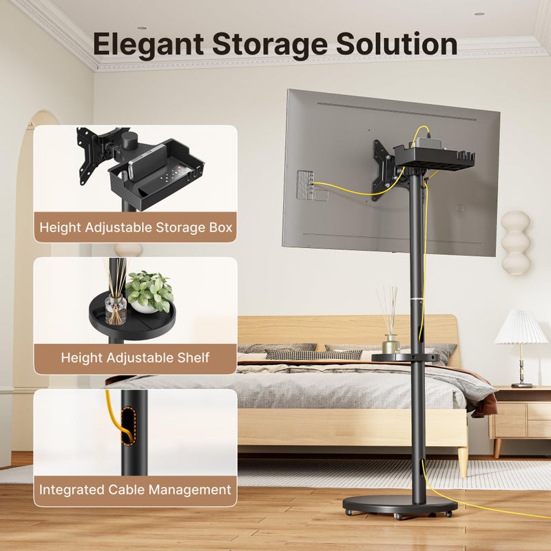 ECOTINY Height Adjustable Rolling TV Stand for 13-43 Inch TV up to 33 Pounds, Portrait to Landscape, Mobile TV Cart with Adjustable Storage Box and Shelf Max VESA 200x200mm - Image 5
