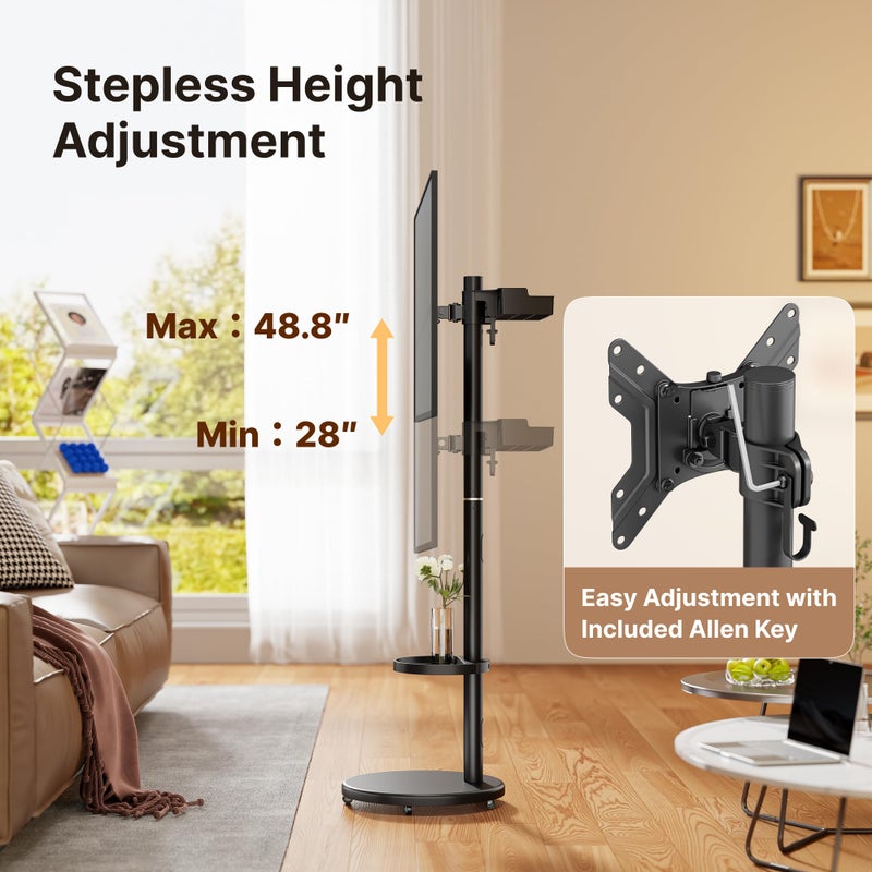 ECOTINY Height Adjustable Rolling TV Stand for 13-43 Inch TV up to 33 Pounds, Portrait to Landscape, Mobile TV Cart with Adjustable Storage Box and Shelf Max VESA 200x200mm - Image 2