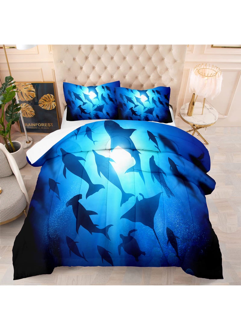 NINENINE NINENINE Boys Blue Comforter Set Twin Size for Kids Teens Shark Bedding Fish Ocean Dolphins Bed Sets with 1 Comforter 1 Pillowcase  - Image 1