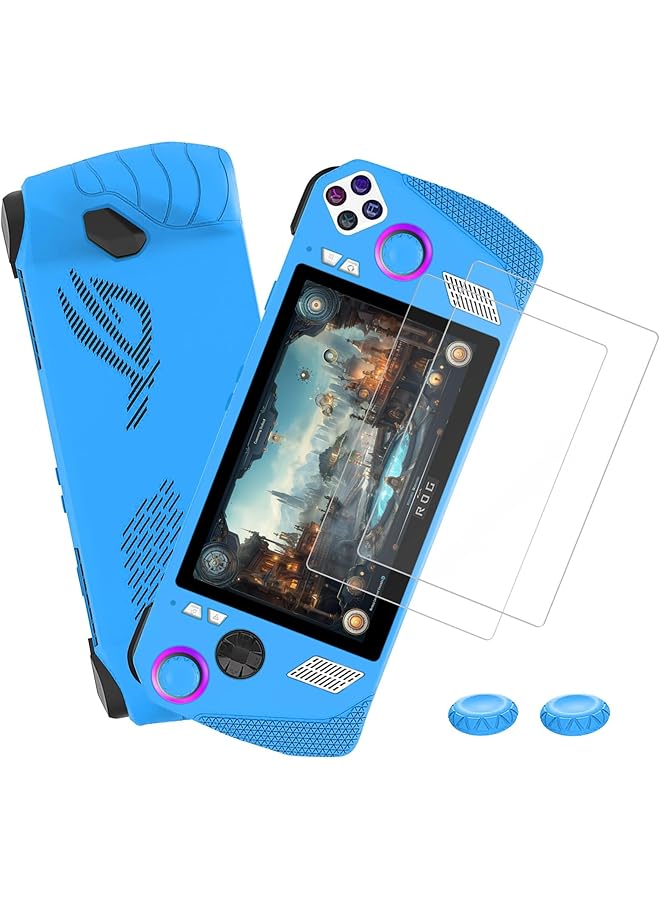 erorex Silicone Case Compatible For Asus Rog Ally 2023 Full Protective Cover Skin With 2 Thumb Grip Caps And 2 Screen Protectors Carry Case For Rog Ally Handheld Game Console Accessories Kit Blue - Image 1