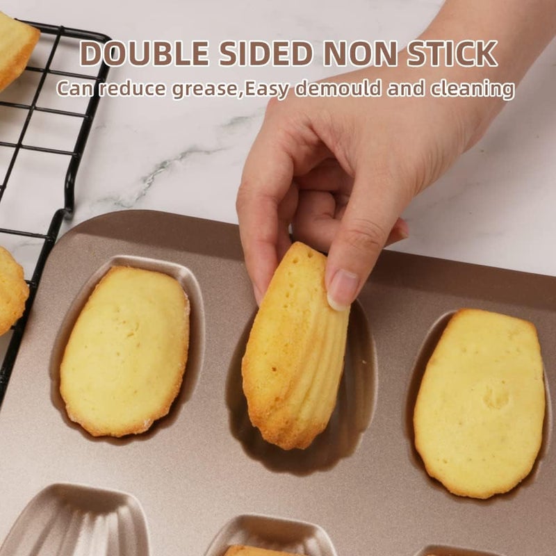 CGGYYZ 2 Pack Madeleine Pans for Baking, 12 Cavity Heavy Duty Shell Shape Baking Mold Nonstick Cookie Cake Pan for Oven（Gold） - Image 5
