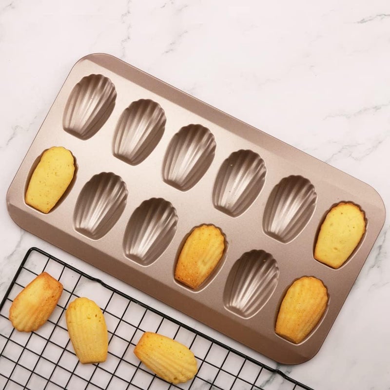 CGGYYZ 2 Pack Madeleine Pans for Baking, 12 Cavity Heavy Duty Shell Shape Baking Mold Nonstick Cookie Cake Pan for Oven（Gold） - Image 4