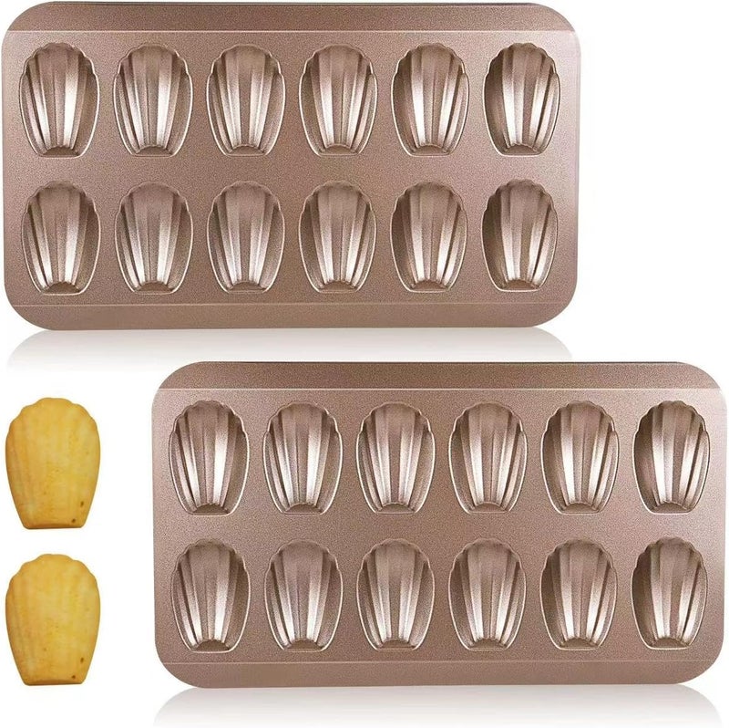 CGGYYZ 2 Pack Madeleine Pans for Baking, 12 Cavity Heavy Duty Shell Shape Baking Mold Nonstick Cookie Cake Pan for Oven（Gold） - Image 1