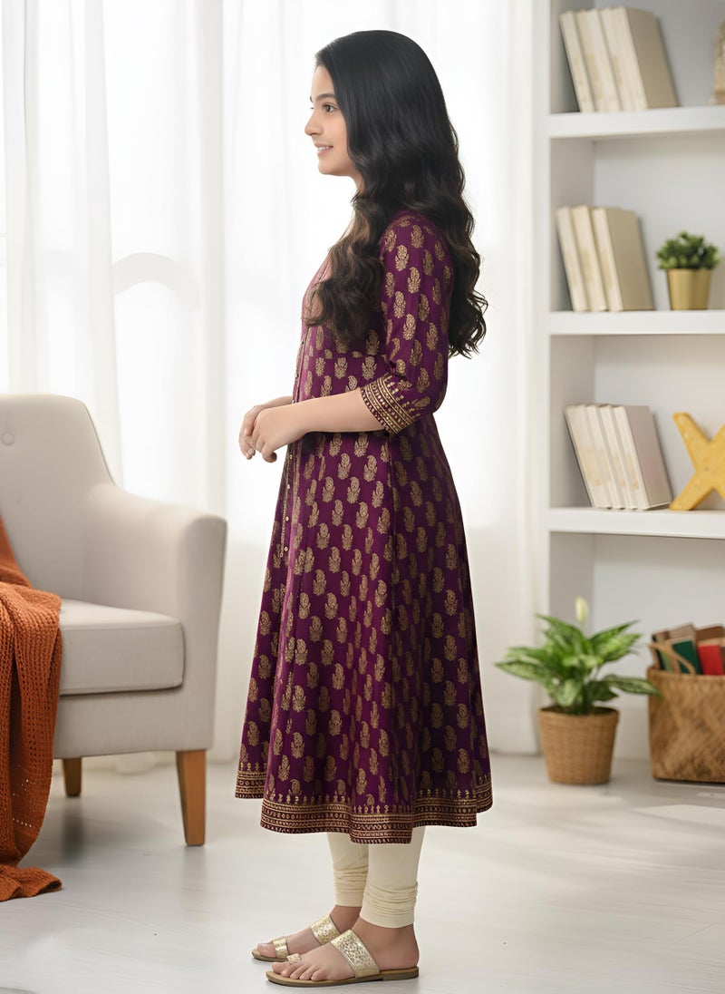 Yash Gallery Girls Cotton Printed Anarkali Kurta with 3/4th Sleeves | Traditional Ethnic Indian Wear for Festive, Casual & Party Occasions | Comfortable Regular Fit Dress Wine - Image 3