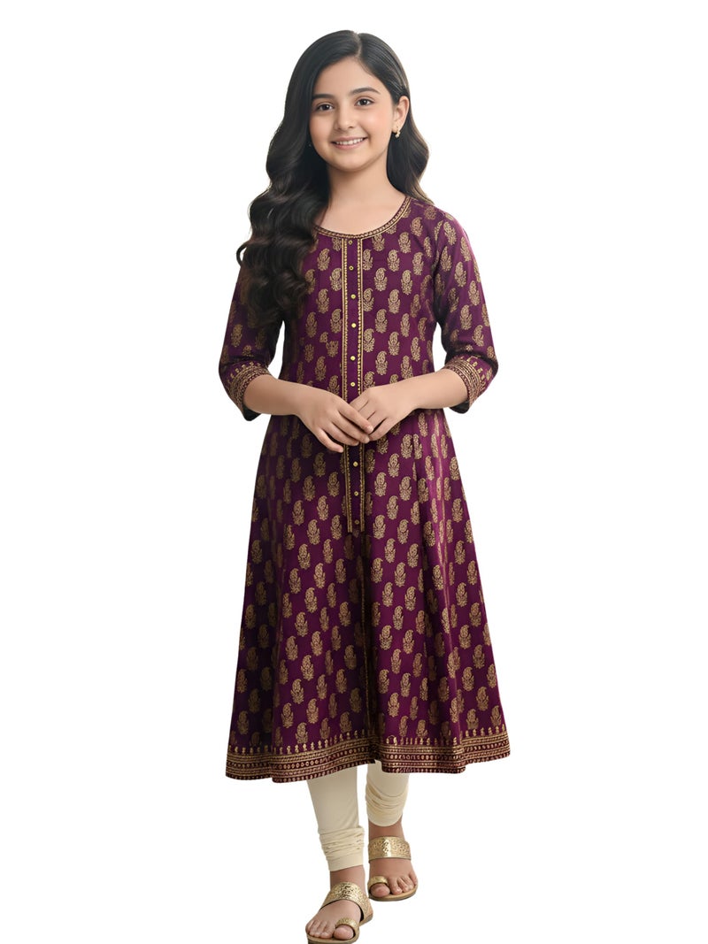 Yash Gallery Girls Cotton Printed Anarkali Kurta with 3/4th Sleeves | Traditional Ethnic Indian Wear for Festive, Casual & Party Occasions | Comfortable Regular Fit Dress Wine - Image 1