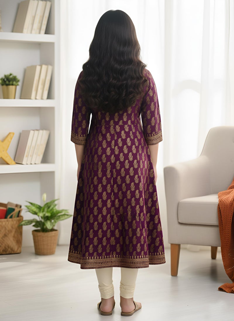 Yash Gallery Girls Cotton Printed Anarkali Kurta with 3/4th Sleeves | Traditional Ethnic Indian Wear for Festive, Casual & Party Occasions | Comfortable Regular Fit Dress Wine - Image 5