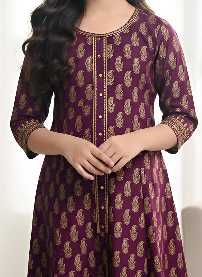 Yash Gallery Girls Cotton Printed Anarkali Kurta with 3/4th Sleeves | Traditional Ethnic Indian Wear for Festive, Casual & Party Occasions | Comfortable Regular Fit Dress Wine - Image 4