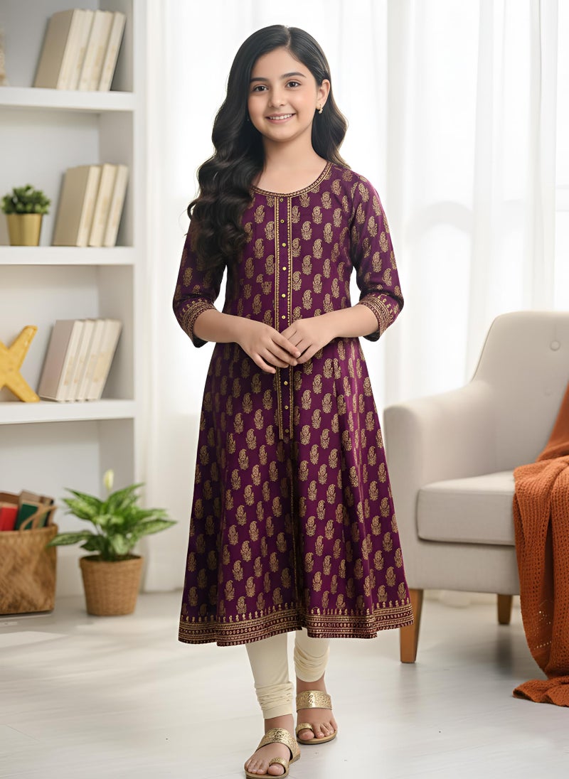Yash Gallery Girls Cotton Printed Anarkali Kurta with 3/4th Sleeves | Traditional Ethnic Indian Wear for Festive, Casual & Party Occasions | Comfortable Regular Fit Dress Wine - Image 2
