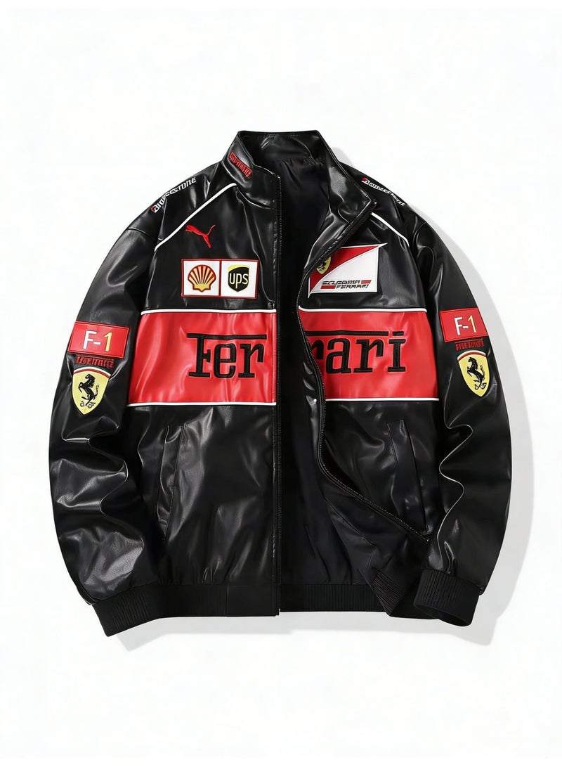 F1 Leather Racing Jacket - Black & Red Color Block, Shell/UPS Sponsor Logos, Full-Zip Design, Faux Leather Fabric, Official Motorsport Apparel for Fans & Streetwear Styling - Image 5