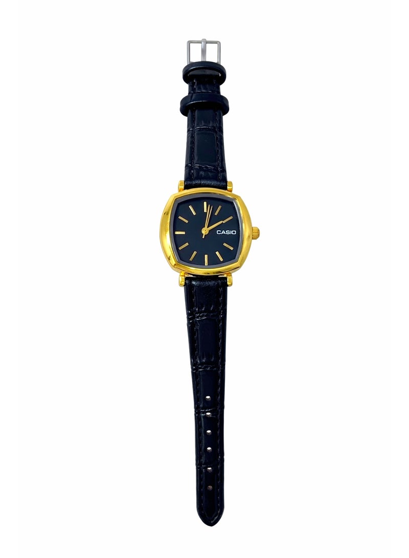 Casio Women’s Analog Watch with Black Leather Strap & Gold-Tone Case – Black Dial