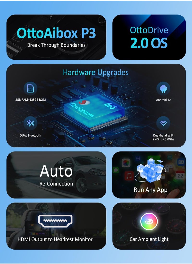 Ottocast - OTTOCAST P3 CarPlay AI Box - 2024 Android 12.0 CarPlay Video Adapter Wireless CarPlay Android Auto Dongle Support HDMI Output, Youtube Netflix Disney+ Tiktok Streaming Videos to OEM Wired CarPlay Cars - Image 1