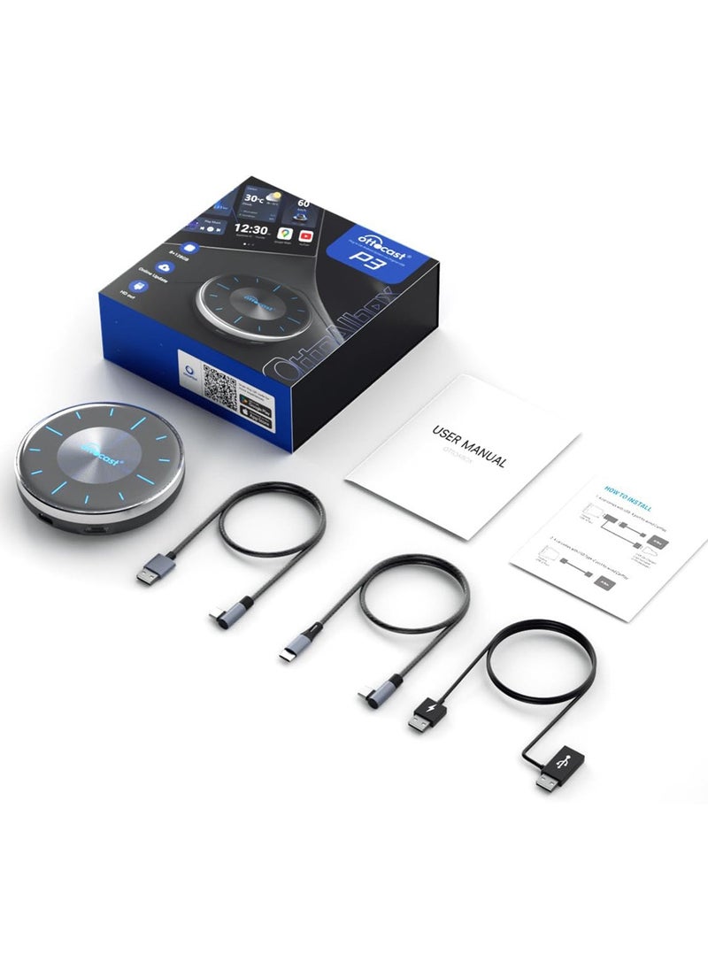 Ottocast - OTTOCAST P3 CarPlay AI Box - 2024 Android 12.0 CarPlay Video Adapter Wireless CarPlay Android Auto Dongle Support HDMI Output, Youtube Netflix Disney+ Tiktok Streaming Videos to OEM Wired CarPlay Cars - Image 1