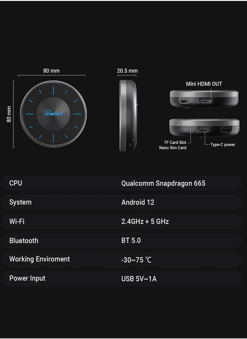 Ottocast - OTTOCAST P3 CarPlay AI Box - 2024 Android 12.0 CarPlay Video Adapter Wireless CarPlay Android Auto Dongle Support HDMI Output, Youtube Netflix Disney+ Tiktok Streaming Videos to OEM Wired CarPlay Cars - Image 1