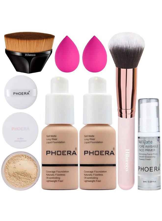 Hilareco PHOERA Foundation, Full Coverage Foundation, PHOERA Primer, PHOERA Powder, PHOERA Makeup Set, Kabuki Makeup Brushes Foundation Brush Powder Brush,2 Pcs Makeup Sponge(2 PCS 103- Warm peach) - Image 1