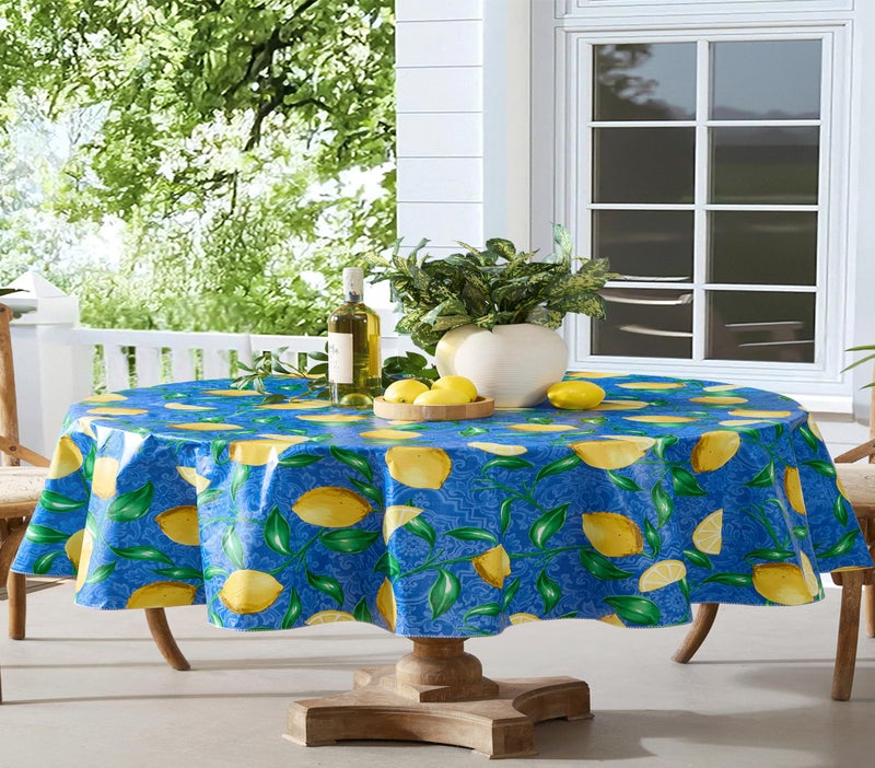 Newbridge Oval Vinyl Tablecloth 60 x 84 Inch Mediterranean Zest Vinyl Flannel Backed Table Cloth Lemon Print