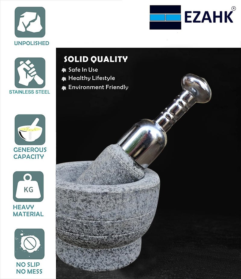 EZAHK طقم هاك حجر المدقة والمدقة مع مقبض فولاذي للتوابل أوكلي ماشير خالبطة خرال خلاط مطحنة تقليدية طبيعية بحجم 6 بوصة كبيرة الحجم للاستخدام الثقيل عبوة من 1 - Image 3
