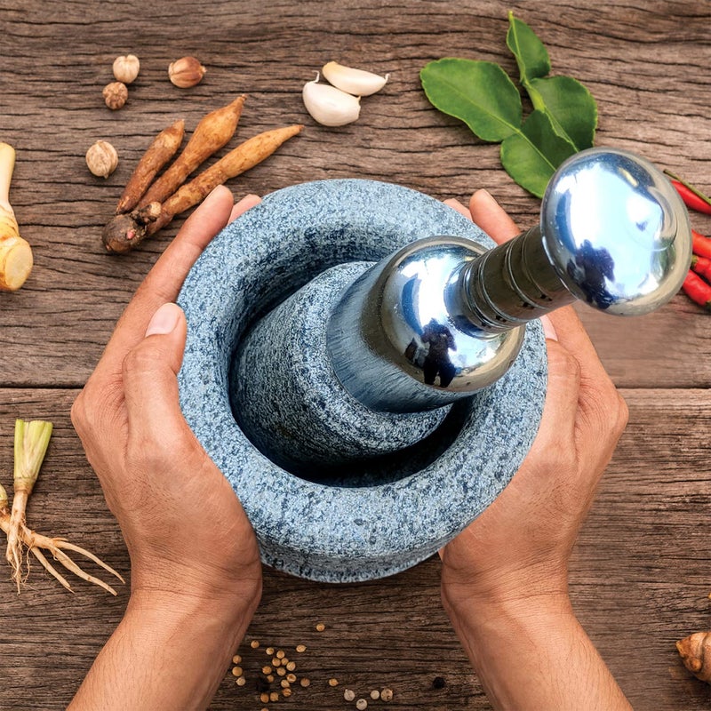 EZAHK طقم هاك حجر المدقة والمدقة مع مقبض فولاذي للتوابل أوكلي ماشير خالبطة خرال خلاط مطحنة تقليدية طبيعية بحجم 6 بوصة كبيرة الحجم للاستخدام الثقيل عبوة من 1 - Image 5