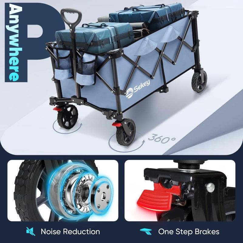 Sekey Collapsible Foldable Wagon with 330lbs Weight Capacity, Heavy Duty Folding Wagon Cart with Big All-Terrain Wheels & Drink Holders. Blue - Image 5