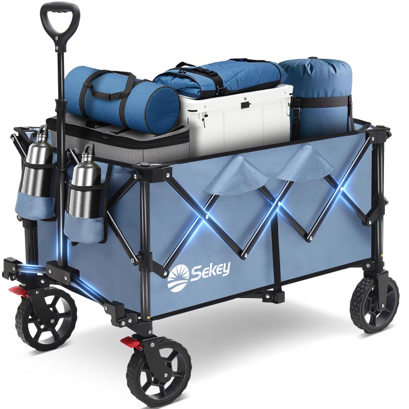Sekey Collapsible Foldable Wagon with 330lbs Weight Capacity, Heavy Duty Folding Wagon Cart with Big All-Terrain Wheels & Drink Holders. Blue - Image 1
