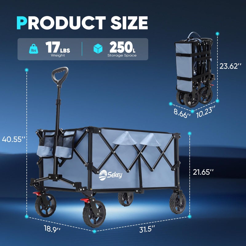 Sekey Collapsible Foldable Wagon with 330lbs Weight Capacity, Heavy Duty Folding Wagon Cart with Big All-Terrain Wheels & Drink Holders. Blue - Image 2