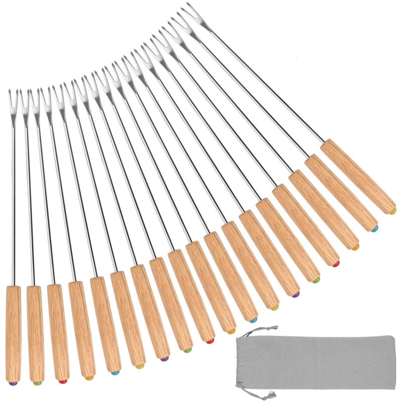 STYDDI Fondue Fork, 18Pcs Stainless Steel Color Coding Fondue Forks with Wooden Handle for Chocolate Fountain Cheese Fondue Roast Marshmallows, 9.5 Inch - Image 1